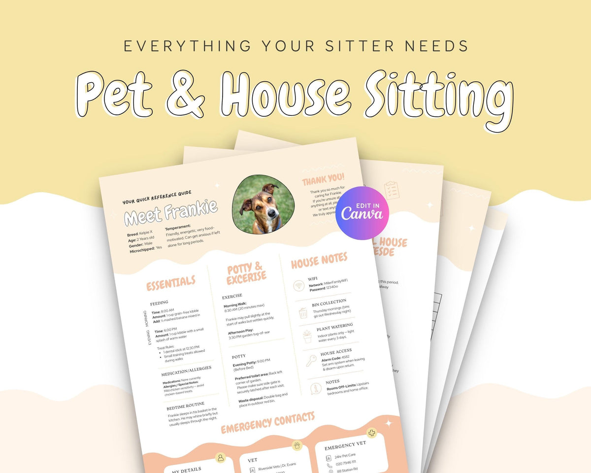 Pet & House Sitting Printable Templates | Editable Dog/Cat Sitter Instructions, One Page Overview Info Sheet, Binder Daily Log Care