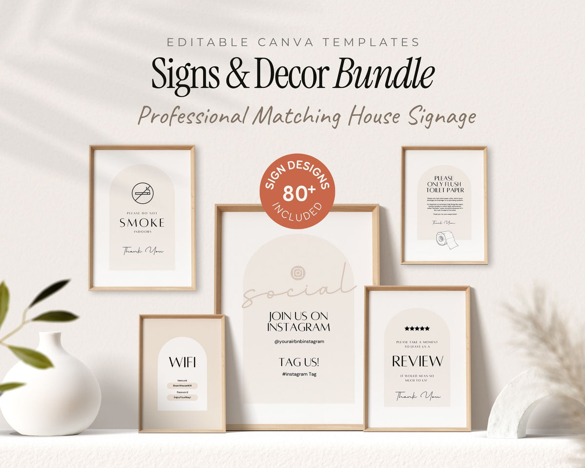 a collection of professional-looking house signs and decor items, including a sign for a professional matching house, a sign for a smoke-free home, and a sign for a social media platform. The signs are arranged on a shelf, with a vase and a plant visible in the background.