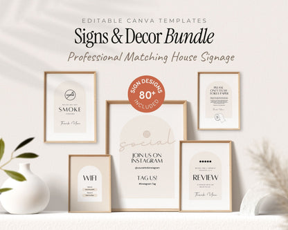 a collection of professional-looking house signs and decor items, including a sign for a professional matching house, a sign for a smoke-free home, and a sign for a social media platform. The signs are arranged on a shelf, with a vase and a plant visible in the background.