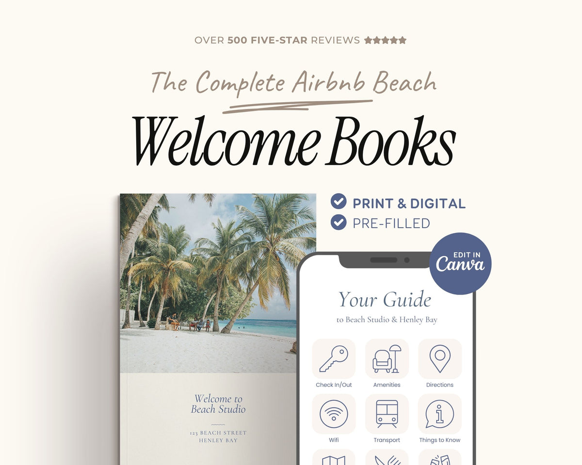The image is a promotional image for a book titled "The Complete AirBNB Beach Welcome Books" and a mobile app titled "Your Guide to Beach Studio & Henley Bay". The book cover features a beach scene with palm trees, and the app screen displays various icons related to beach-related services and information.