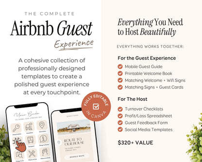The image is a promotional advertisement for a service called "Airbnb Guest Experience". It features a smartphone displaying the app interface, along with text describing the service's features and pricing.