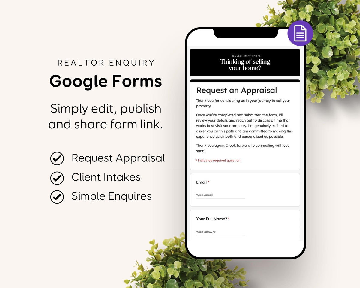 a smartphone screen with a Google Forms page, surrounded by greenery. The phone screen shows a form asking for an Appraisal request, with fields for the requester's email, full name, and answer. The form also includes checkboxes for "Request Appraisal", "Client Takes", and "Simple Enquiries".
