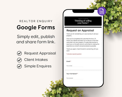 a smartphone screen with a Google Forms page, surrounded by greenery. The phone screen shows a form asking for an Appraisal request, with fields for the requester's email, full name, and answer. The form also includes checkboxes for "Request Appraisal", "Client Takes", and "Simple Enquiries".