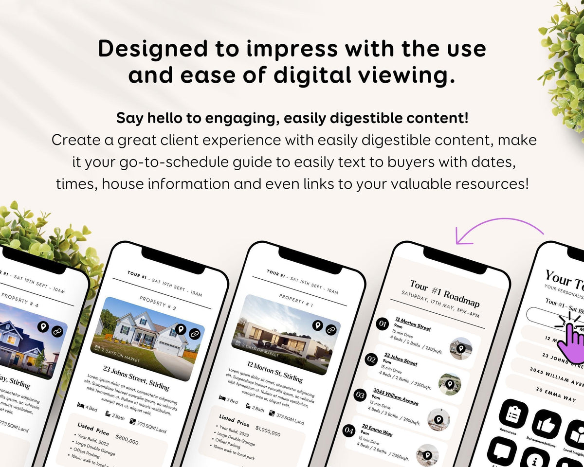 The image is a collage of three smartphone screens displaying real estate listings, with text overlaying the images.