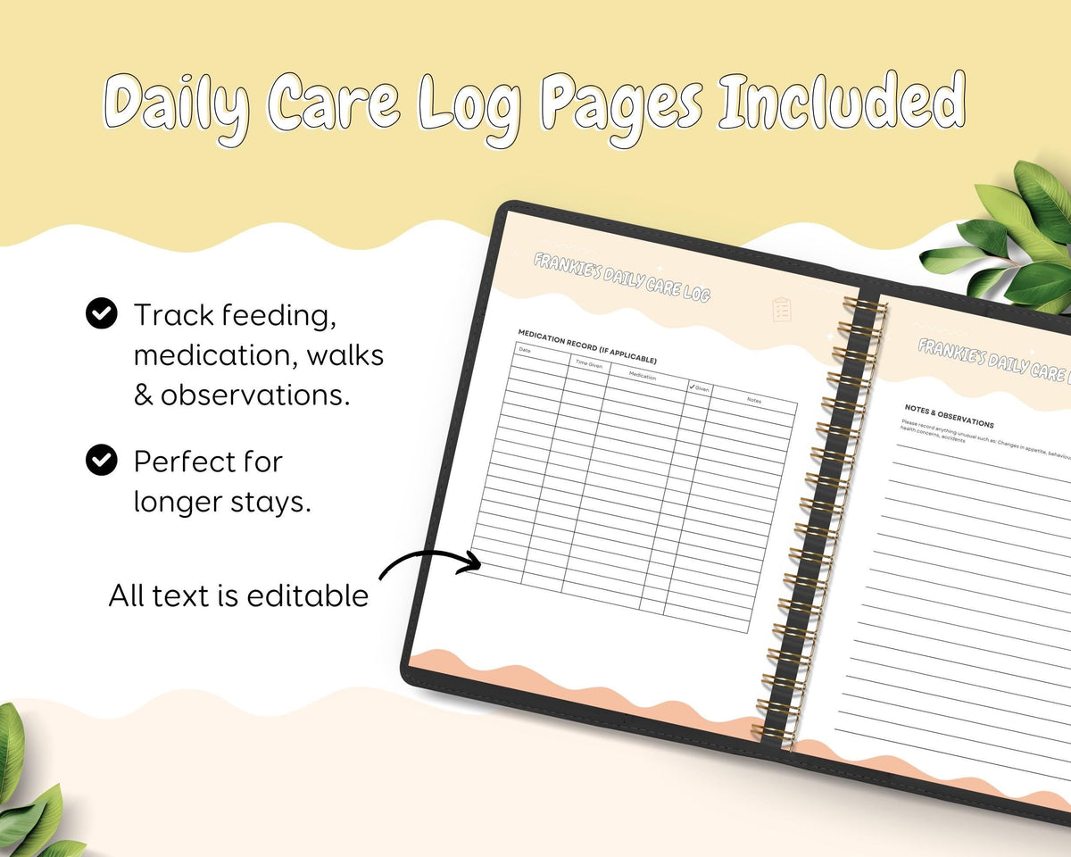 Pet & House Sitting Printable Templates | Editable Dog/Cat Sitter Instructions, One Page Overview Info Sheet, Binder Daily Log Care