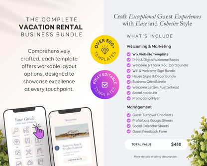 Modern Beach Airbnb Host Bundle: Website, Welcome Books, Signs, Checklists, Spreadsheets & Marketing (Editable Canva Templates) BC1