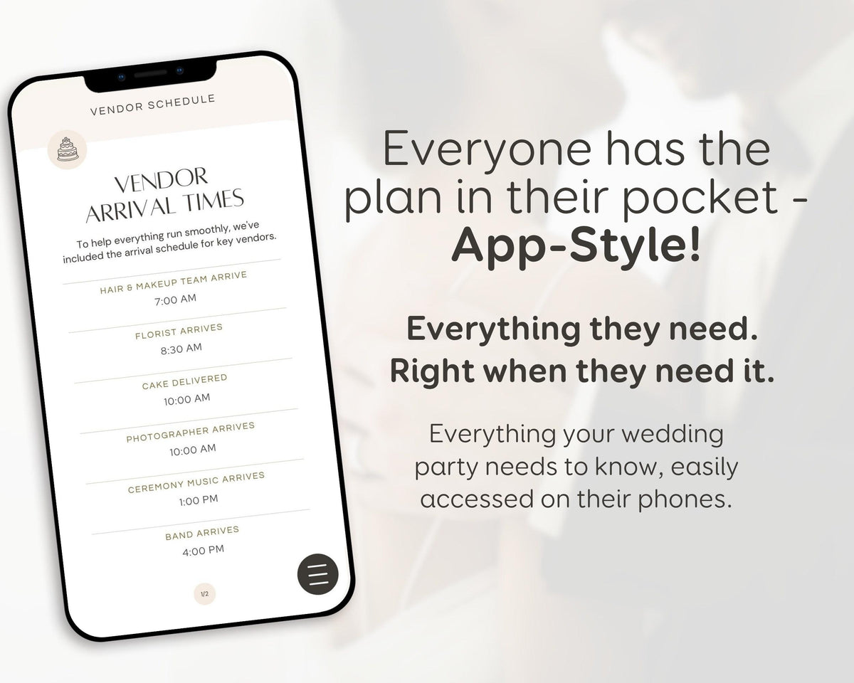 Wedding Day Game Plan | Mobile APP-Like Planner Timeline Template | Itinerary, Day Of Coordinator, Checklists (Digital Download)