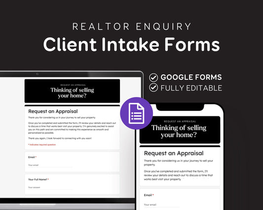 two screens with a realtor enquiry form, including a Google Forms element. The form appears to be for selling a property, and it includes fields for requesting an Appraisal and an email address for communication.
