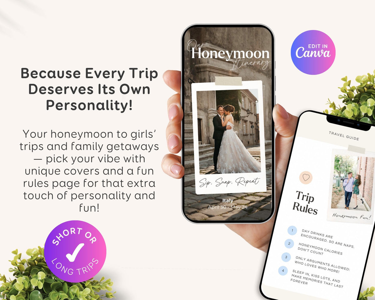 Honeymoon Travel Itinerary Template | Mobile Editable Travel Planner, Trip Itinerary Digital Travel Guide template, Traveling Canva Download