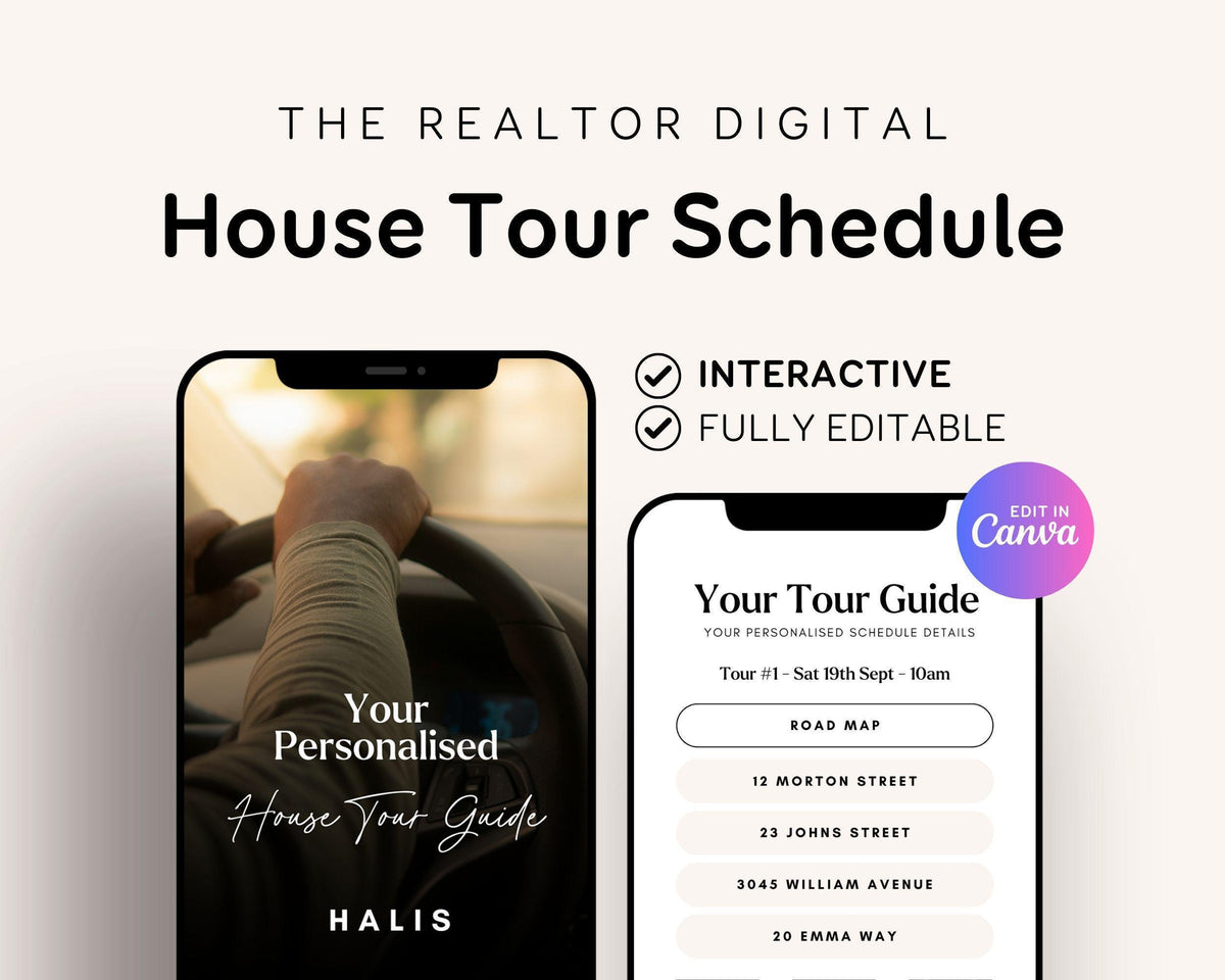 The image is a promotional image for a house tour schedule, featuring a smartphone displaying a house tour guide interface and a house tour schedule.