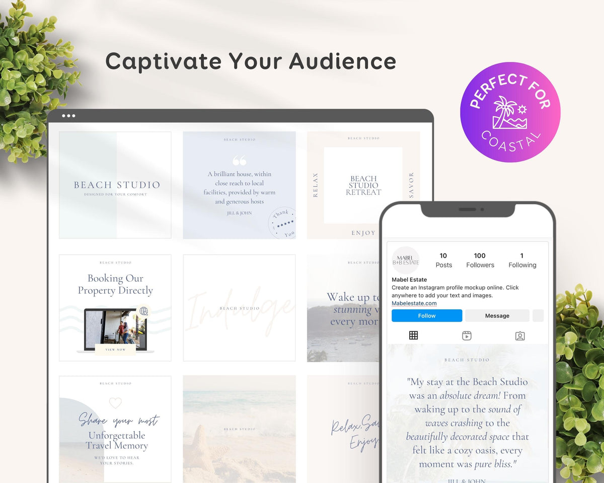 Beach House Airbnb Instagram Template: Social Media Posts (Canva, 150+) BC1
