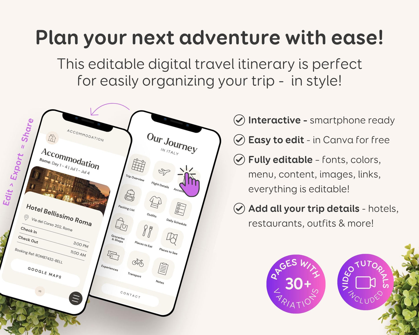 Digital Travel Itinerary Editable Template | Canva Instant Download