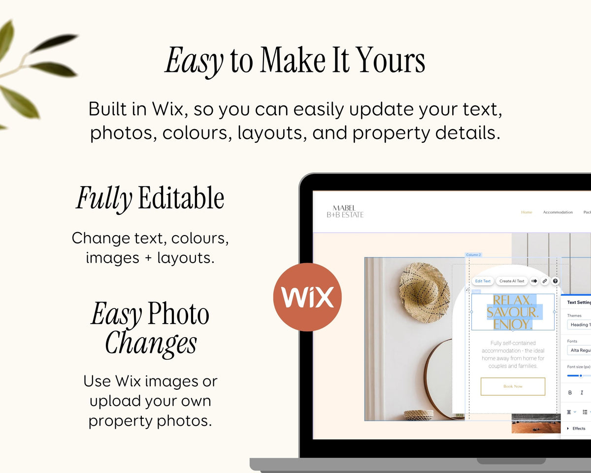 Bed and Breakfast, Vacation Rental Wix Website Theme