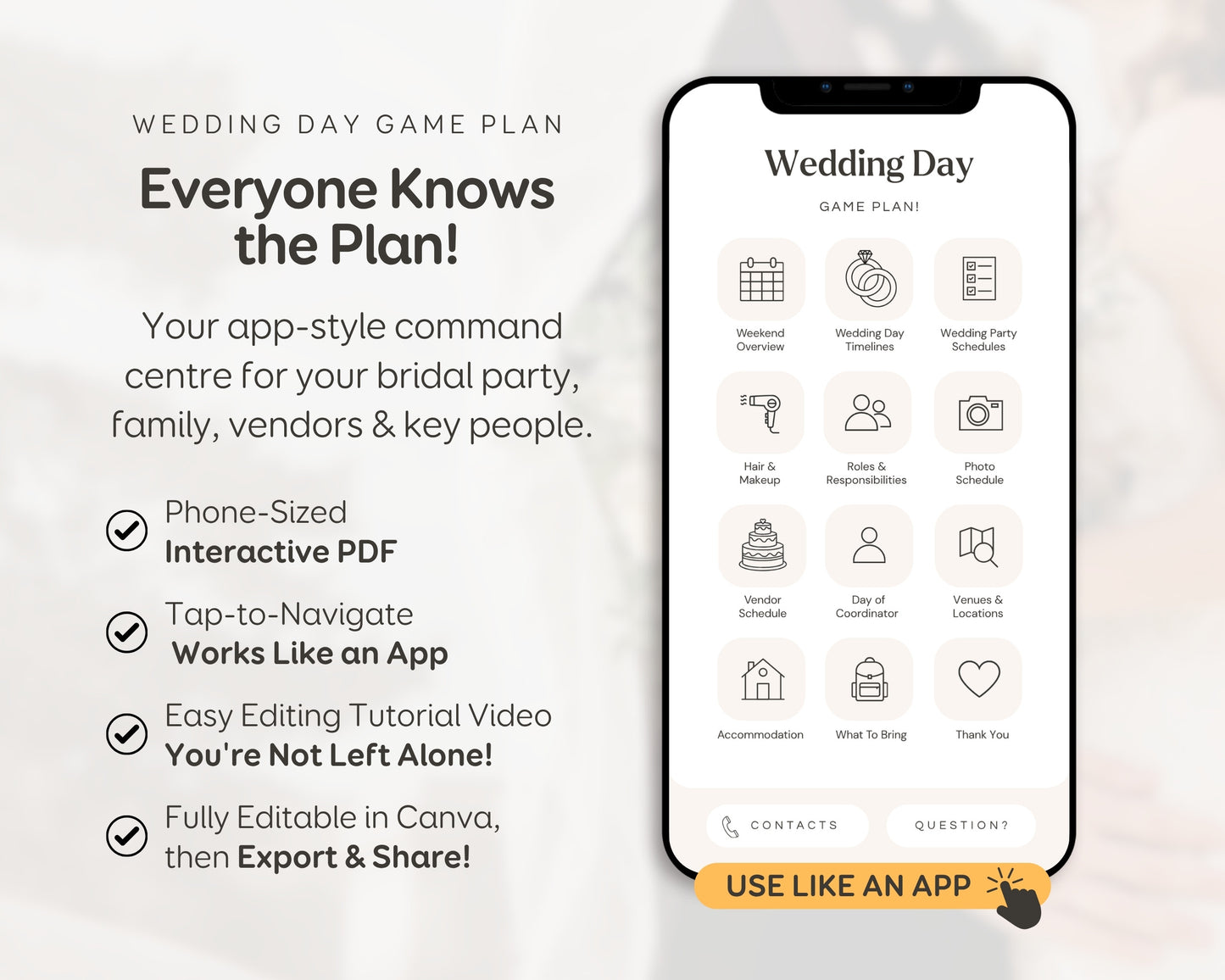 Wedding Day Game Plan | Mobile APP-Like Planner Timeline Template | Itinerary, Day Of Coordinator, Checklists (Digital Download)
