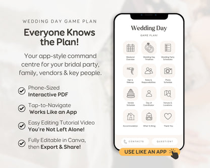 Wedding Day Game Plan | Mobile APP-Like Planner Timeline Template | Itinerary, Day Of Coordinator, Checklists (Digital Download)