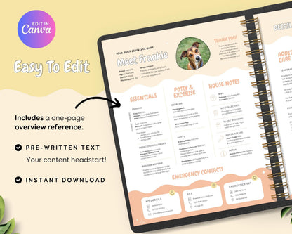 Pet & House Sitting Printable Templates | Editable Dog/Cat Sitter Instructions, One Page Overview Info Sheet, Binder Daily Log Care