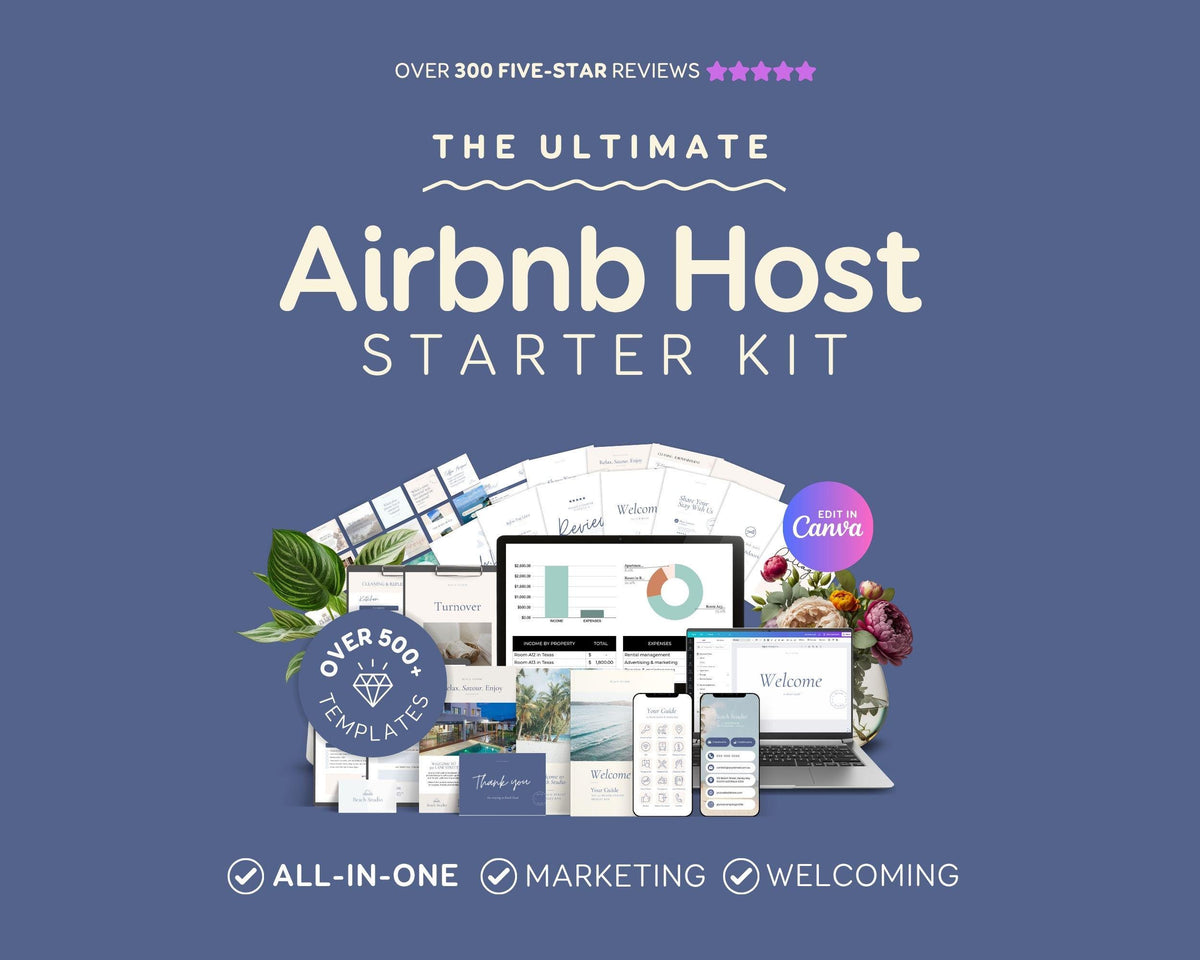 Modern Beach Airbnb Host Bundle: Editable Welcome Book, Rental Signs, Cleaning Checklist & More! BC1