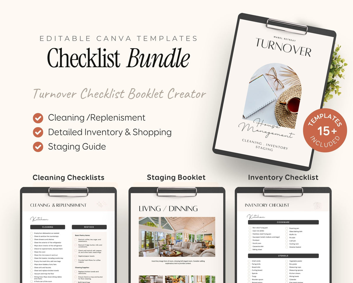 The image is a collage of three different checklists, each with a title and a list of items, including cleaning and replacement, detailed inventory and shopping, and staging guide.