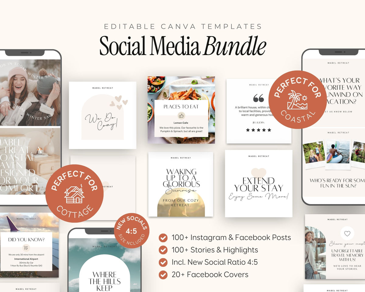 The image is a collage of various social media post designs, including images of people, food, and text, along with a list of features and benefits for a social media bundle.