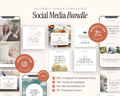 The image is a collage of various social media post designs, including images of people, food, and text, along with a list of features and benefits for a social media bundle.