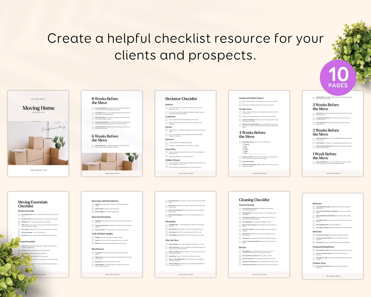Moving Checklist: Realtor Client Guide (Editable Canva Template) RE1