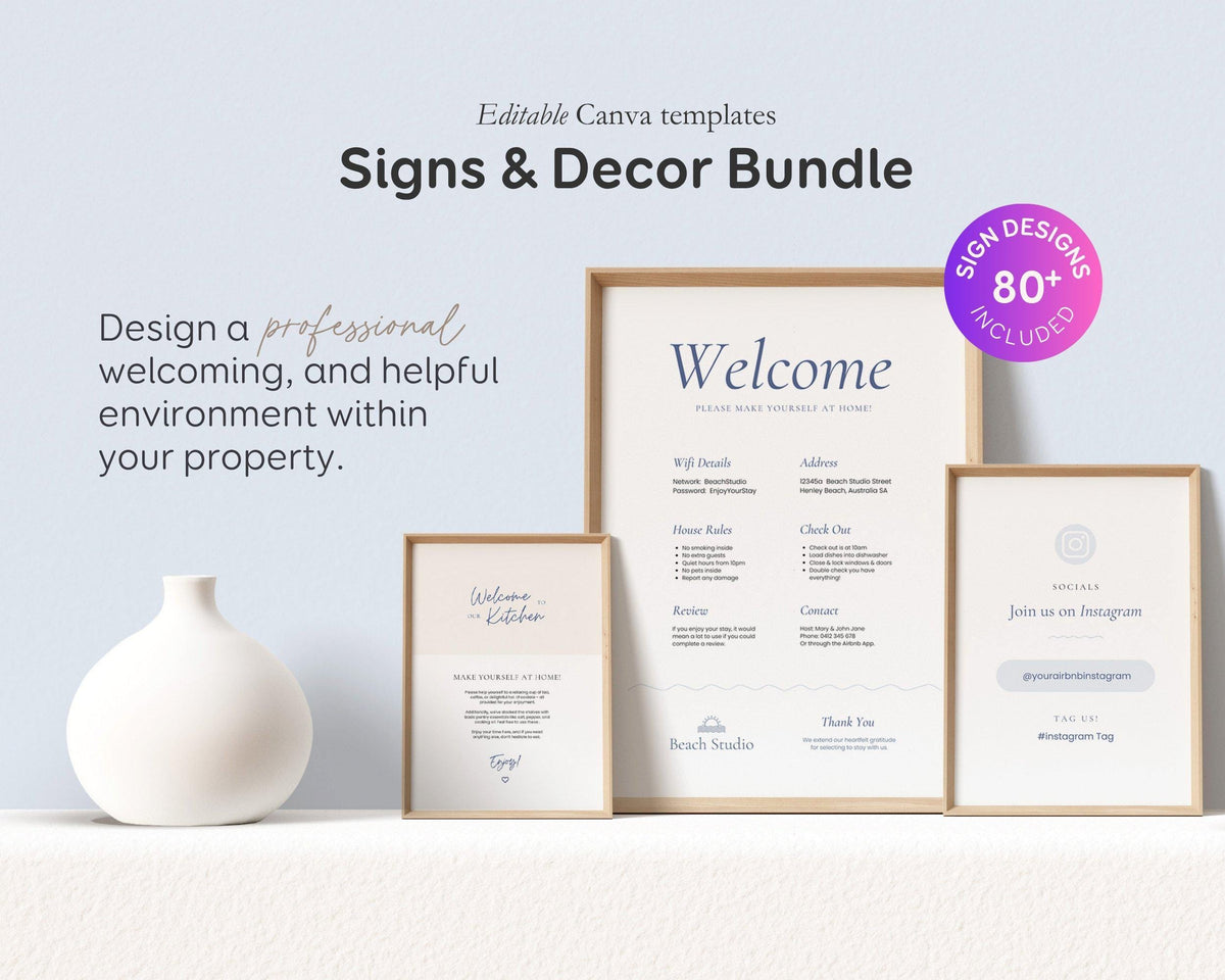 Modern Beach Airbnb Host Bundle: Editable Welcome Book, Rental Signs, Cleaning Checklist & More! BC1