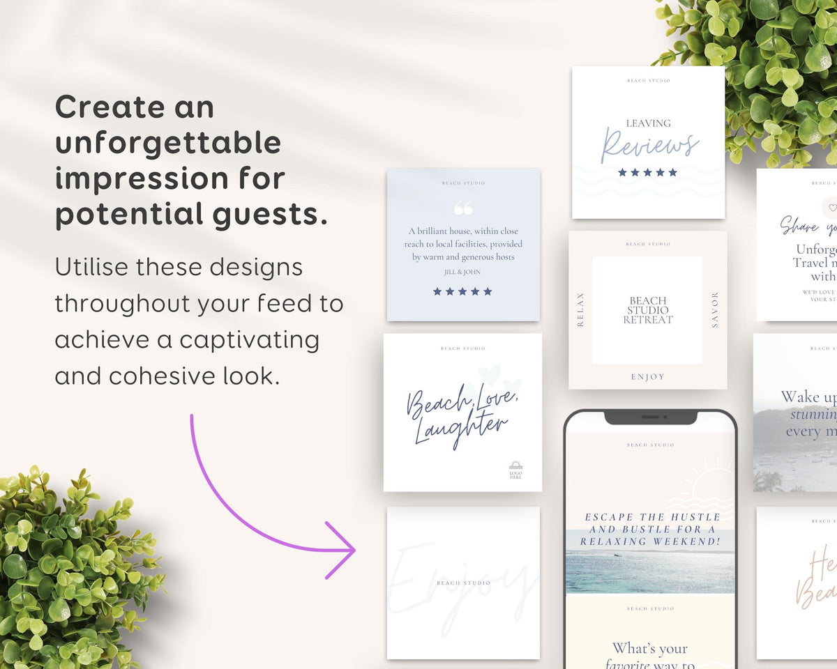 Beach House Airbnb Instagram Template: Social Media Posts (Canva, 150+) BC1