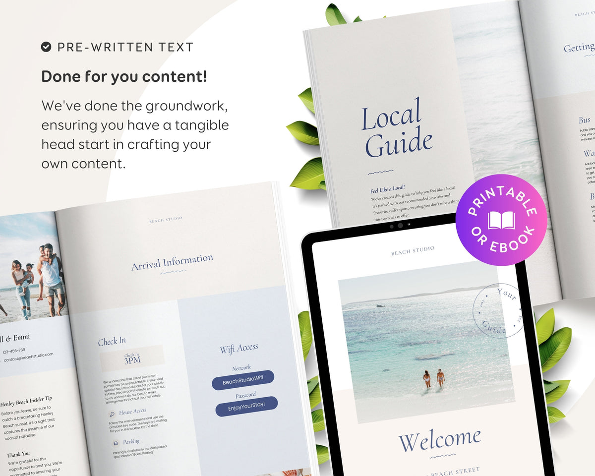 Beach Vacation Rental Welcome Book (Editable Airbnb Guide Template) BC1