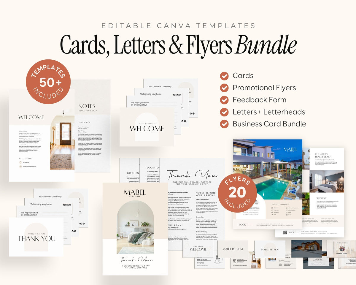 a collection of editable Canva templates for creating cards, letters, and flyers, including a welcome card, promotional flyers, feedback form, letters, letterheads, and a business card bundle.
