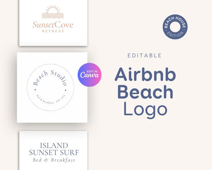 Modern Airbnb Beach House Logo, Airbnb Rental Vacation Rental, Short Term, Holiday Home, Sun, Waves, Surf, Sunshine, Modern, Minimalist BC1