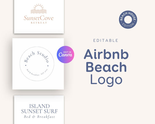 Modern Airbnb Beach House Logo, Airbnb Rental Vacation Rental, Short Term, Holiday Home, Sun, Waves, Surf, Sunshine, Modern, Minimalist BC1