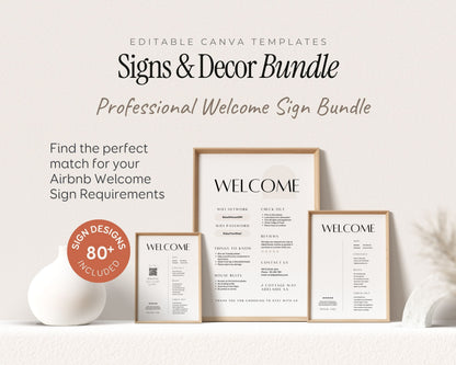 a collection of professional welcome sign designs, including a welcome sign, a welcome sign requirements list, and a welcome sign design. The sign designs are presented in a bundle, and the text indicates that they are editable canvas templates.