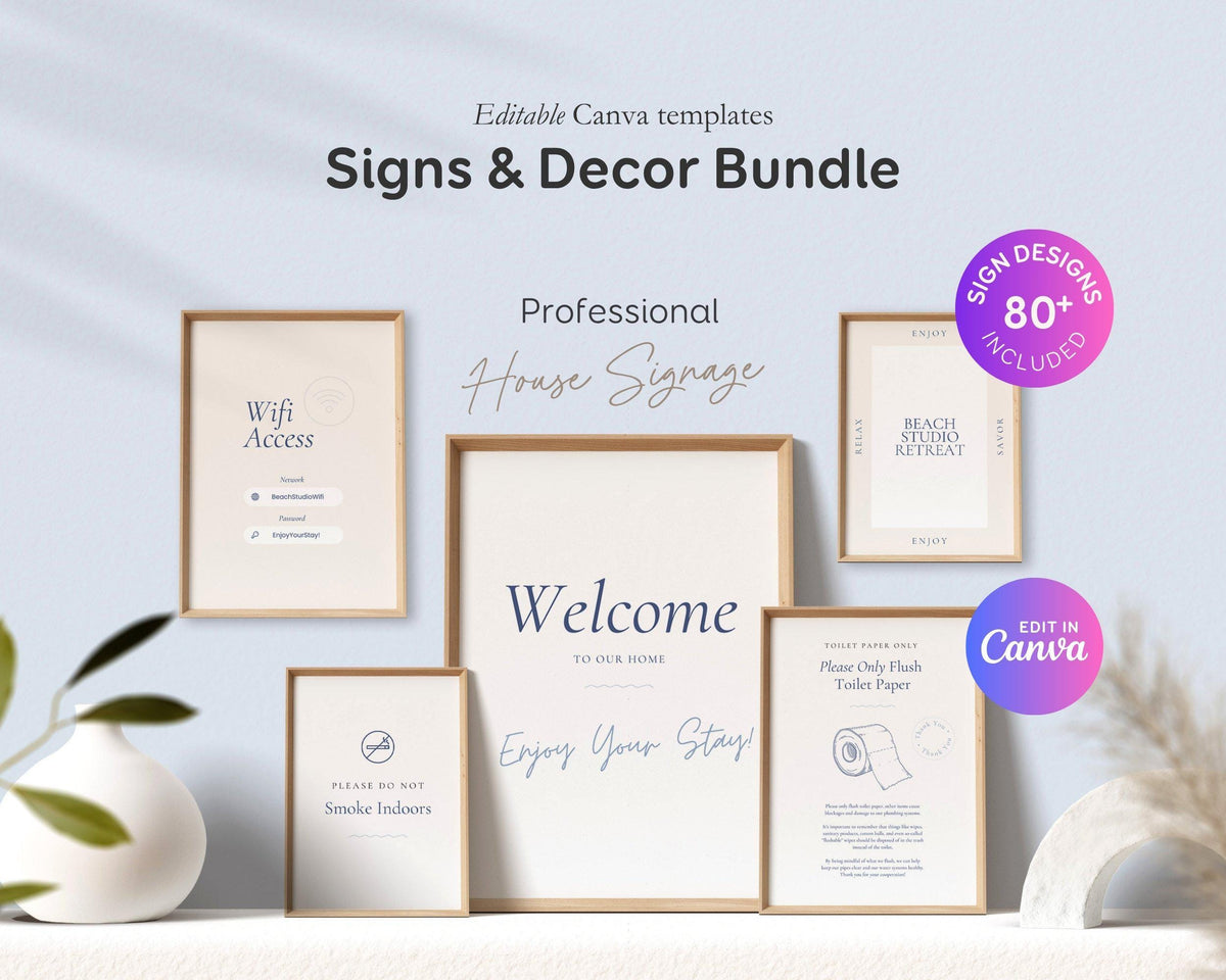 Modern Beach Airbnb Host Bundle: Editable Welcome Book, Rental Signs, Cleaning Checklist & More! BC1