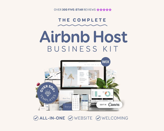 Modern Beach Airbnb Host Bundle: Website, Welcome Books, Signs, Checklists, Spreadsheets & Marketing (Editable Canva Templates) BC1