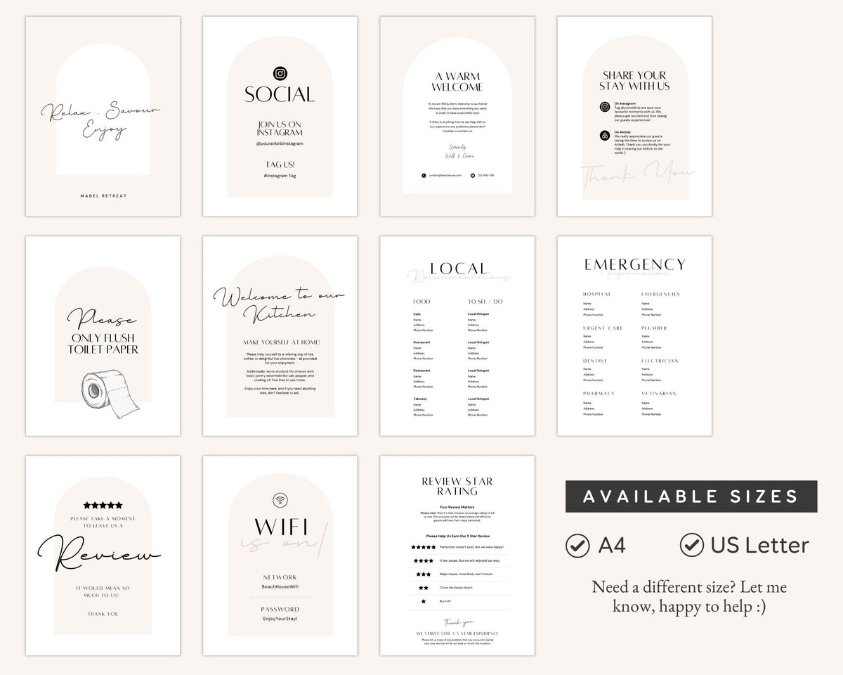 Airbnb Signs Bundle, Canva Edit Welcome Signs Pack, 80+ Templates