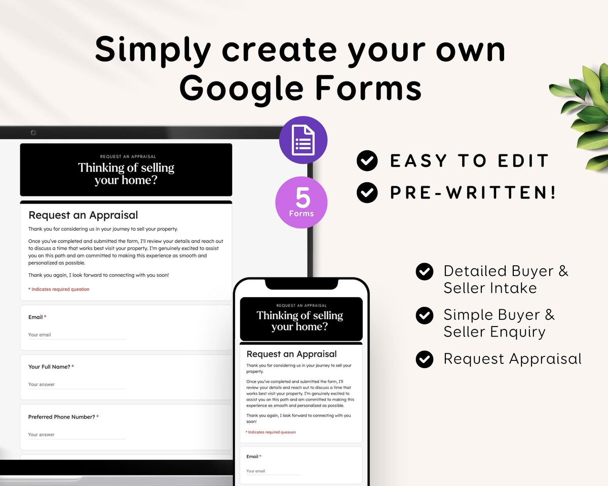 a Google Forms page with a "Think of selling your home?" question, a "Request an Appraisal" button, and a "Pre- Written!" button. The form appears to be interactive, allowing the user to input their email and preferred phone number, and to request an Appraisal for their property.