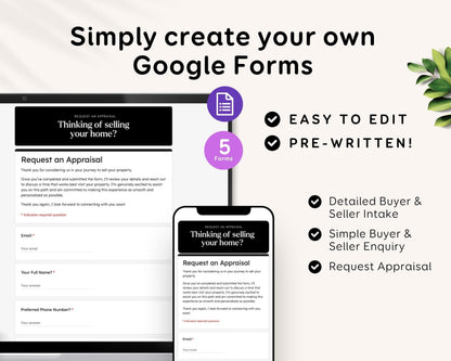 a Google Forms page with a "Think of selling your home?" question, a "Request an Appraisal" button, and a "Pre- Written!" button. The form appears to be interactive, allowing the user to input their email and preferred phone number, and to request an Appraisal for their property.