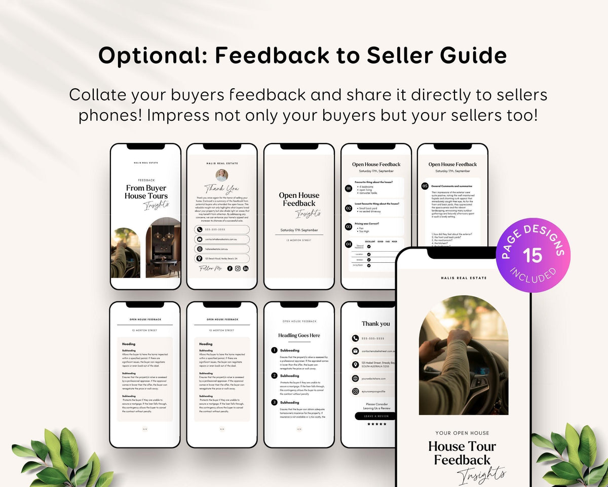 The image is a collage of various smartphone screens displaying a feedback form for a real estate company. The screens show different sections of the form, including a welcome message, a thank you message, and instructions for providing feedback. The collage also includes a smartphone displaying a page design for the feedback guide, and a pink sticker indicating that the guide is included in a package of 15 pages.