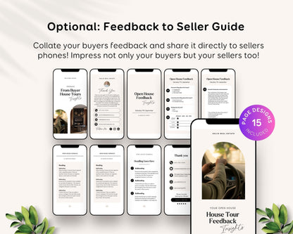 The image is a collage of various smartphone screens displaying a feedback form for a real estate company. The screens show different sections of the form, including a welcome message, a thank you message, and instructions for providing feedback. The collage also includes a smartphone displaying a page design for the feedback guide, and a pink sticker indicating that the guide is included in a package of 15 pages.
