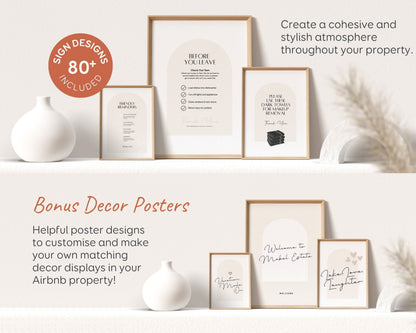 a collection of sign designs and posters, including a sign design that includes 80% of the design, and a poster design that includes a welcome message for a property. The posters are described as helpful poster designs to customise and make your own matching decor displays in your property.