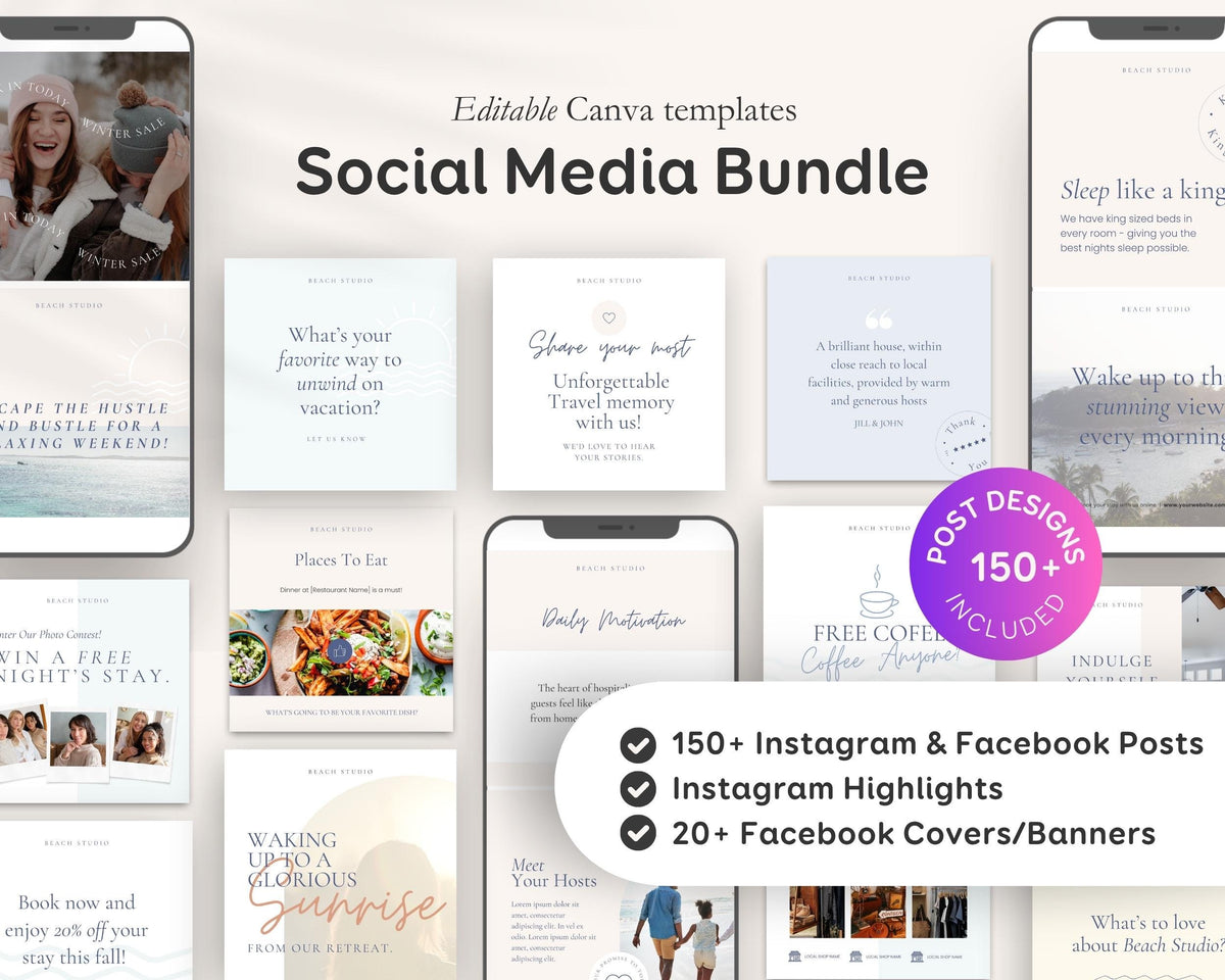 Modern Beach Airbnb Host Bundle: Website, Welcome Books, Signs, Checklists, Spreadsheets & Marketing (Editable Canva Templates) BC1