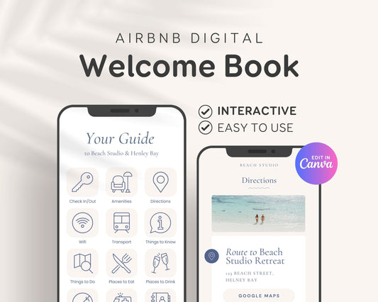 Digital Airbnb Welcome Guide Book, Beach House Vacation Rental Guide Template Canva