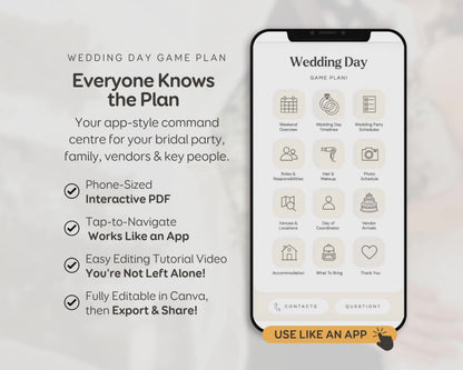 Wedding Day Game Plan | Mobile APP-Like Planner Timeline Template | Itinerary, Day Of Coordinator, Checklists (Digital Download)