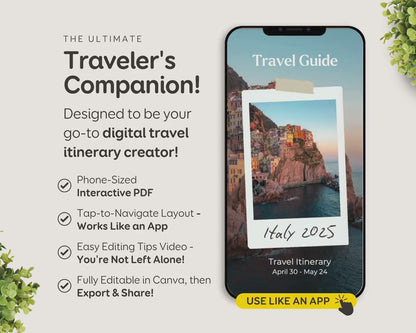 Digital Travel Itinerary Editable Template | Canva Instant Download